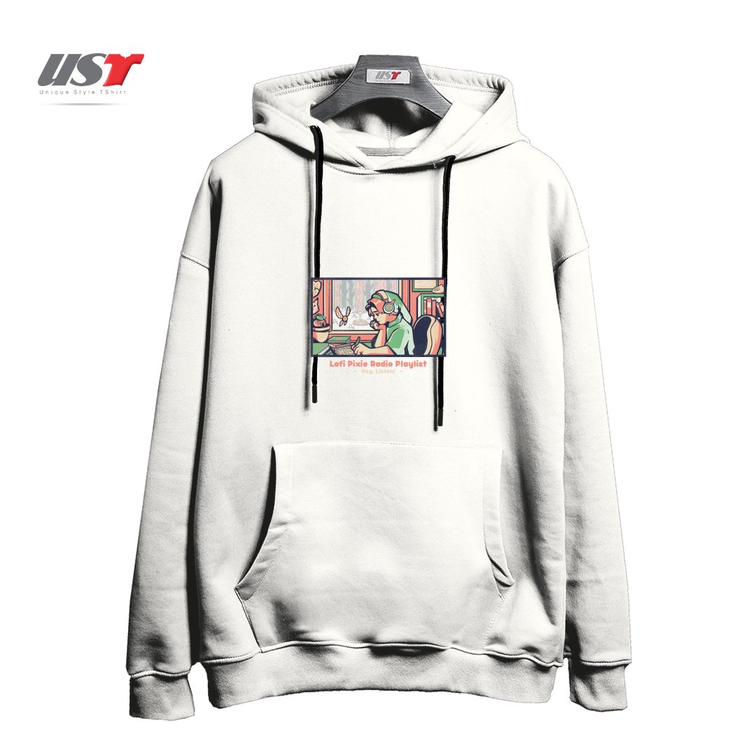 طرح LOFI PIXIE RADIO PLAYLIST - GEEK GAME MUSIC GIFT هودی اورسایزرنگ سفید