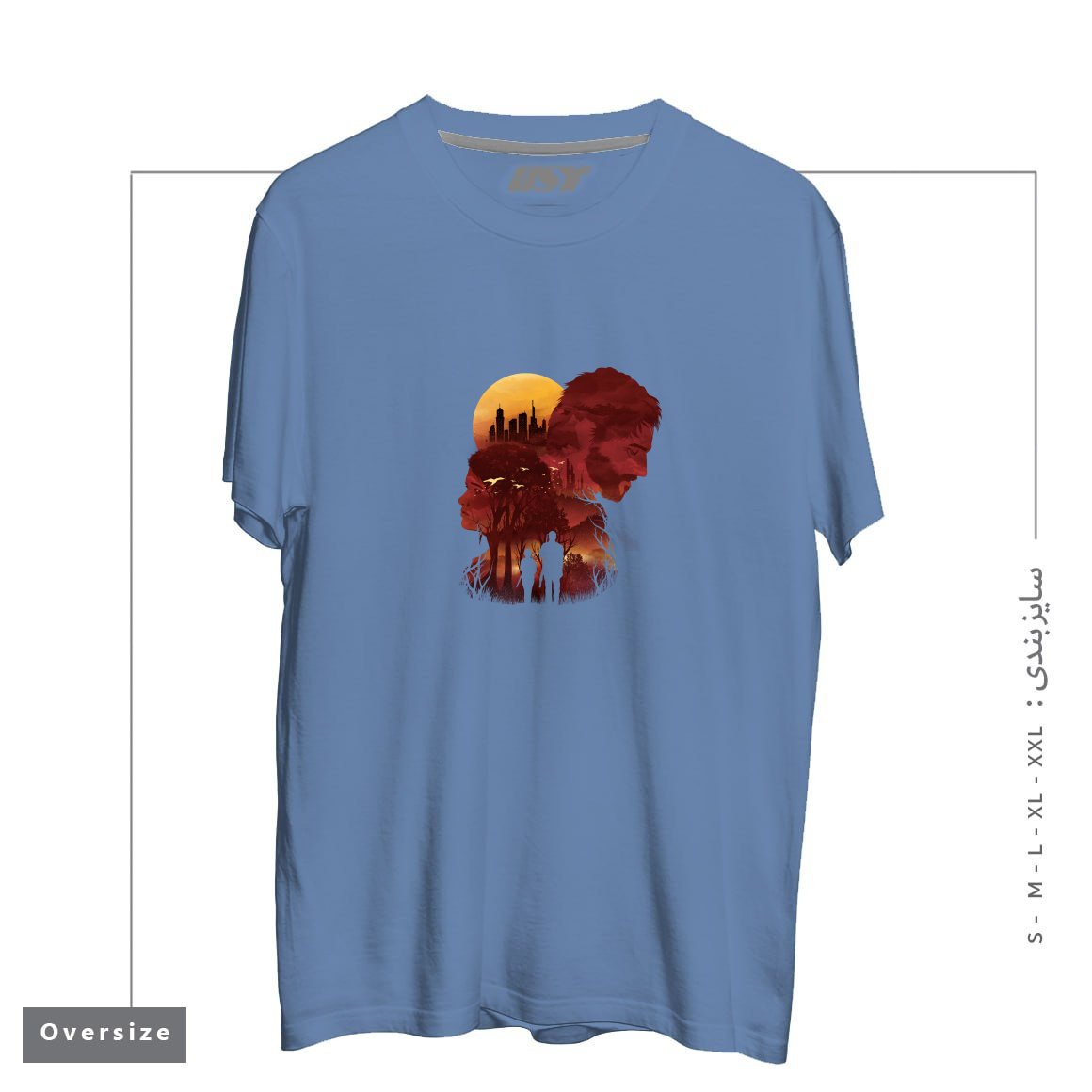 طرح THE LAST SUNSET تیشرت اورسایزرنگ آبی نفتی