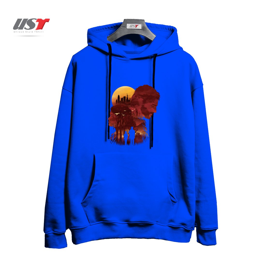 طرح THE LAST SUNSET هودی اورسایزرنگ آبی شالی