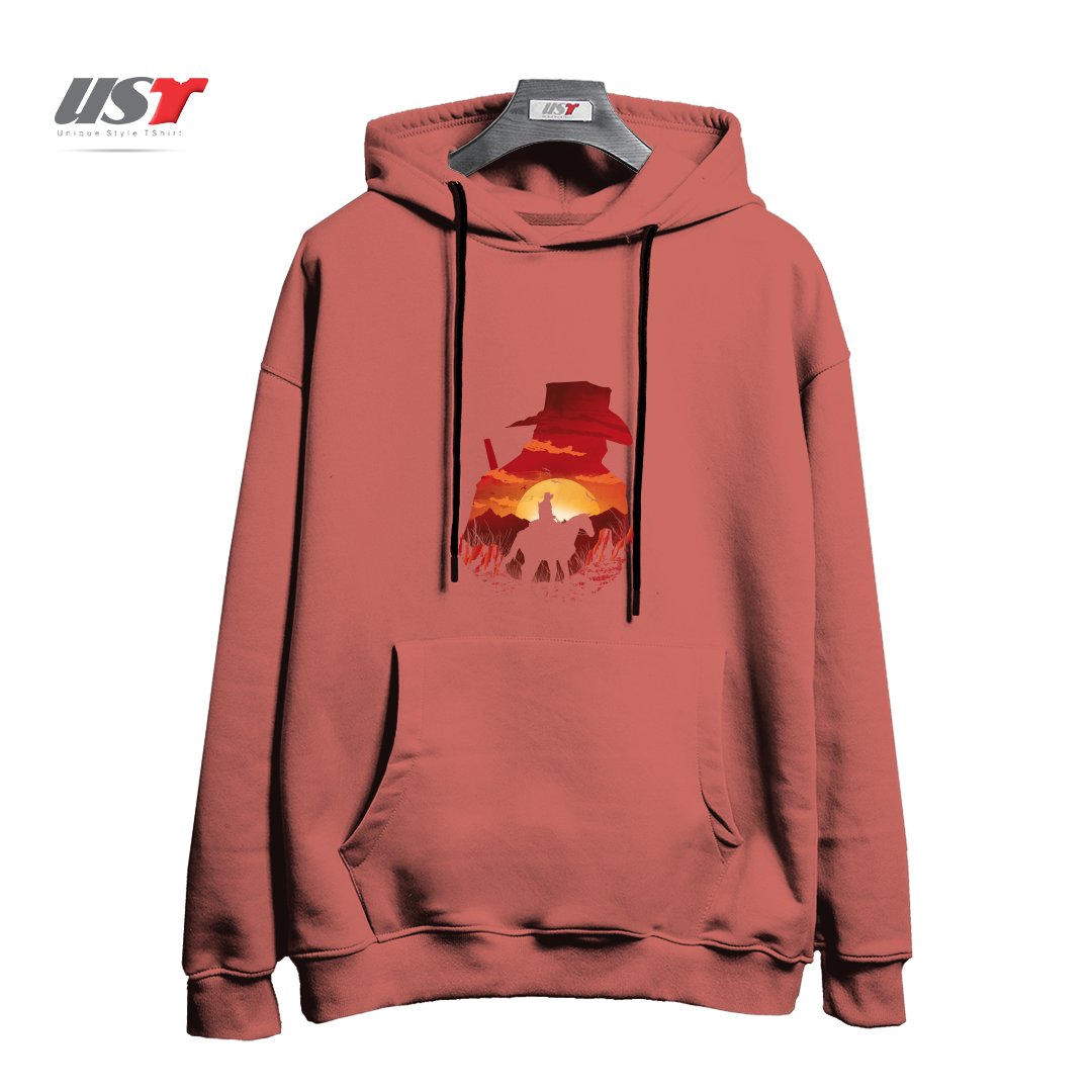 طرح RED SUNSET هودی اورسایزرنگ آجری