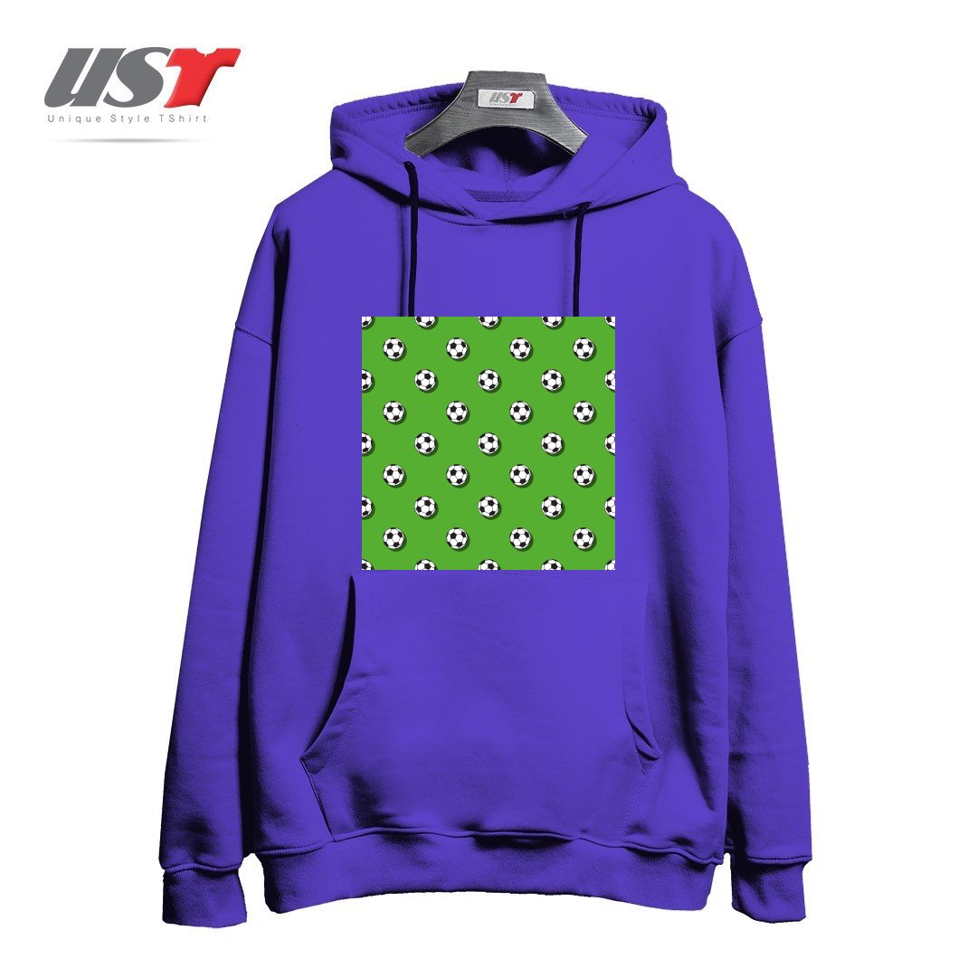 طرح WHITE CLASSIC BALL FOR SOCCER (FOOTBALL) PATTERN ON A GREEN BACKGROUND2 هودی اورسایزرنگ بنفش