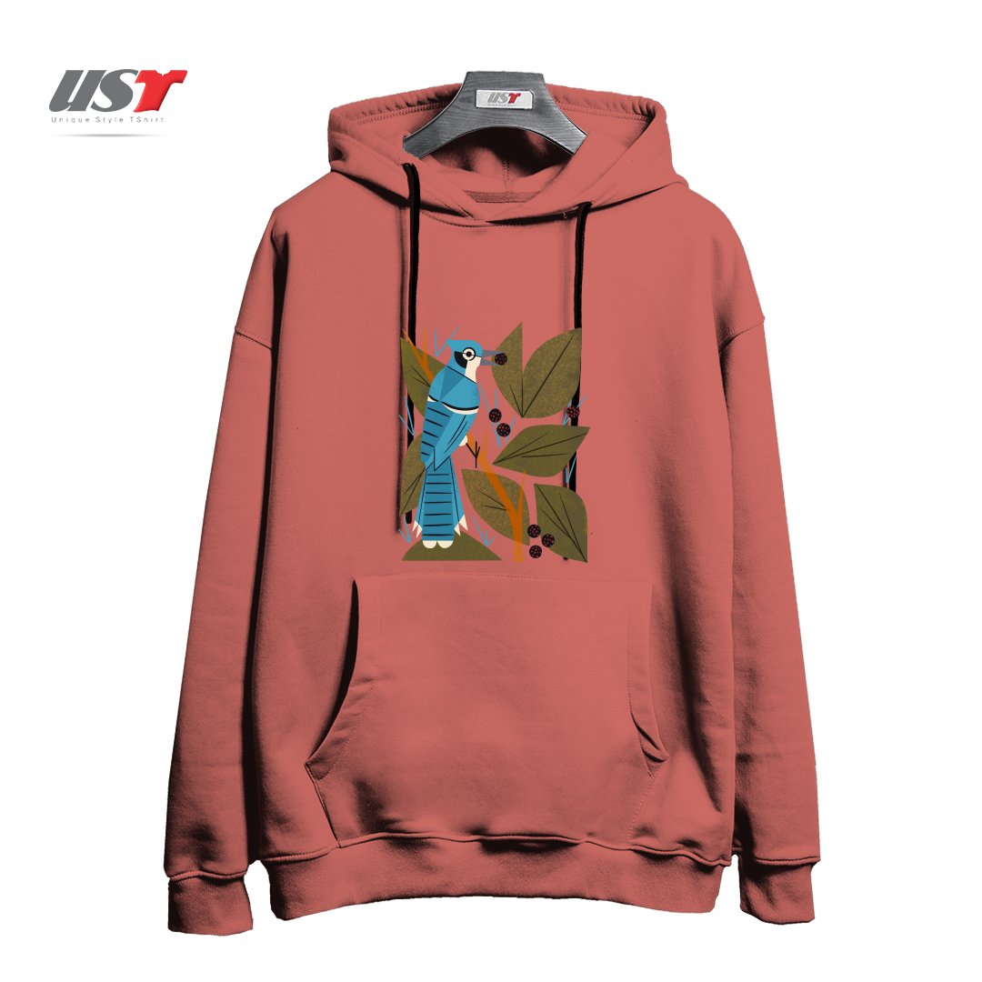 طرح BLUE JAY AND BERRIES هودی اورسایزرنگ آجری