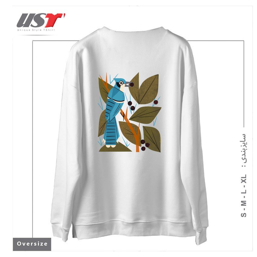 طرح BLUE JAY AND BERRIES سوییشرت اورسایزرنگ سفید