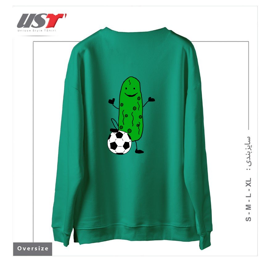 طرح FUNNY DILL PICKLE PLAYING SOCCER SPORTS CARTOON سوییشرت اورسایزرنگ سبز سدری