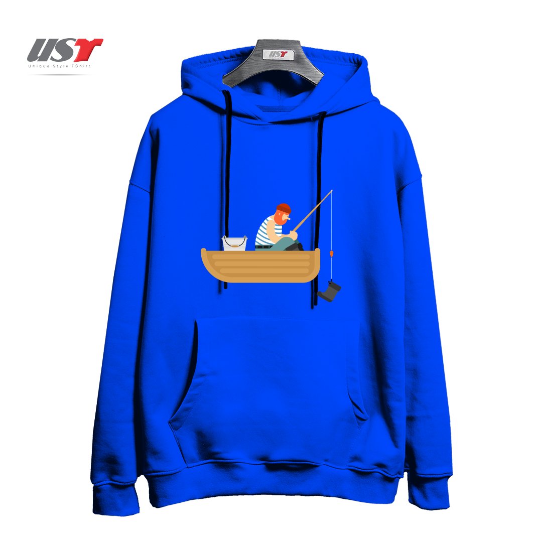 هودی اورسایز طرح FISHERMAN ON BOAT FISHING BOOT. FISHING ROD AND SHOE