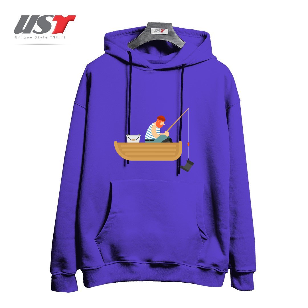هودی اورسایز طرح FISHERMAN ON BOAT FISHING BOOT. FISHING ROD AND SHOE