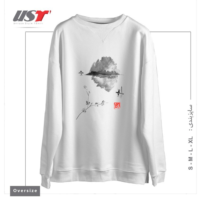طرح ISLAND, FISHERMAN, SUMIE, JAPAN,2 سوییشرت اورسایزرنگ سفید