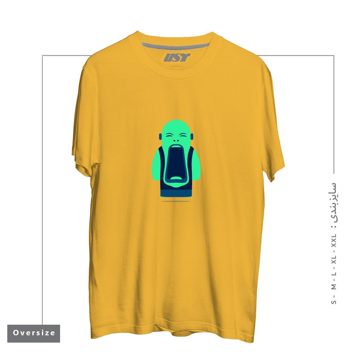 طرح ANGRY BUDDHA تیشرت اورسایزرنگ خردلی