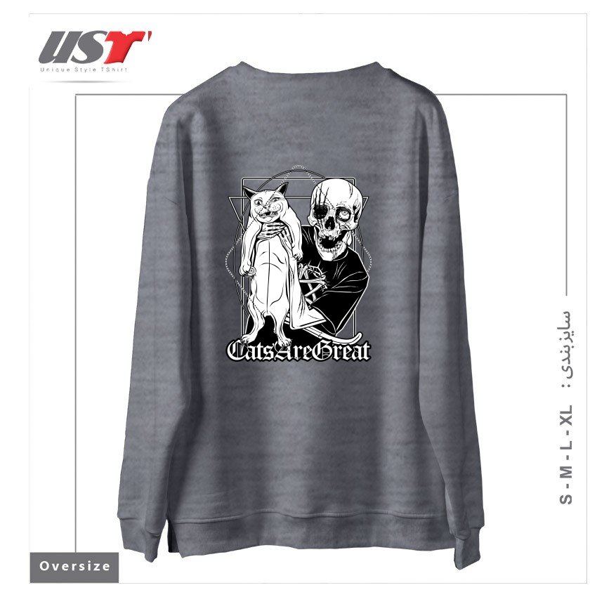 طرح CATS ARE GREAT سوییشرت اورسایزرنگ طوسی ملانژ