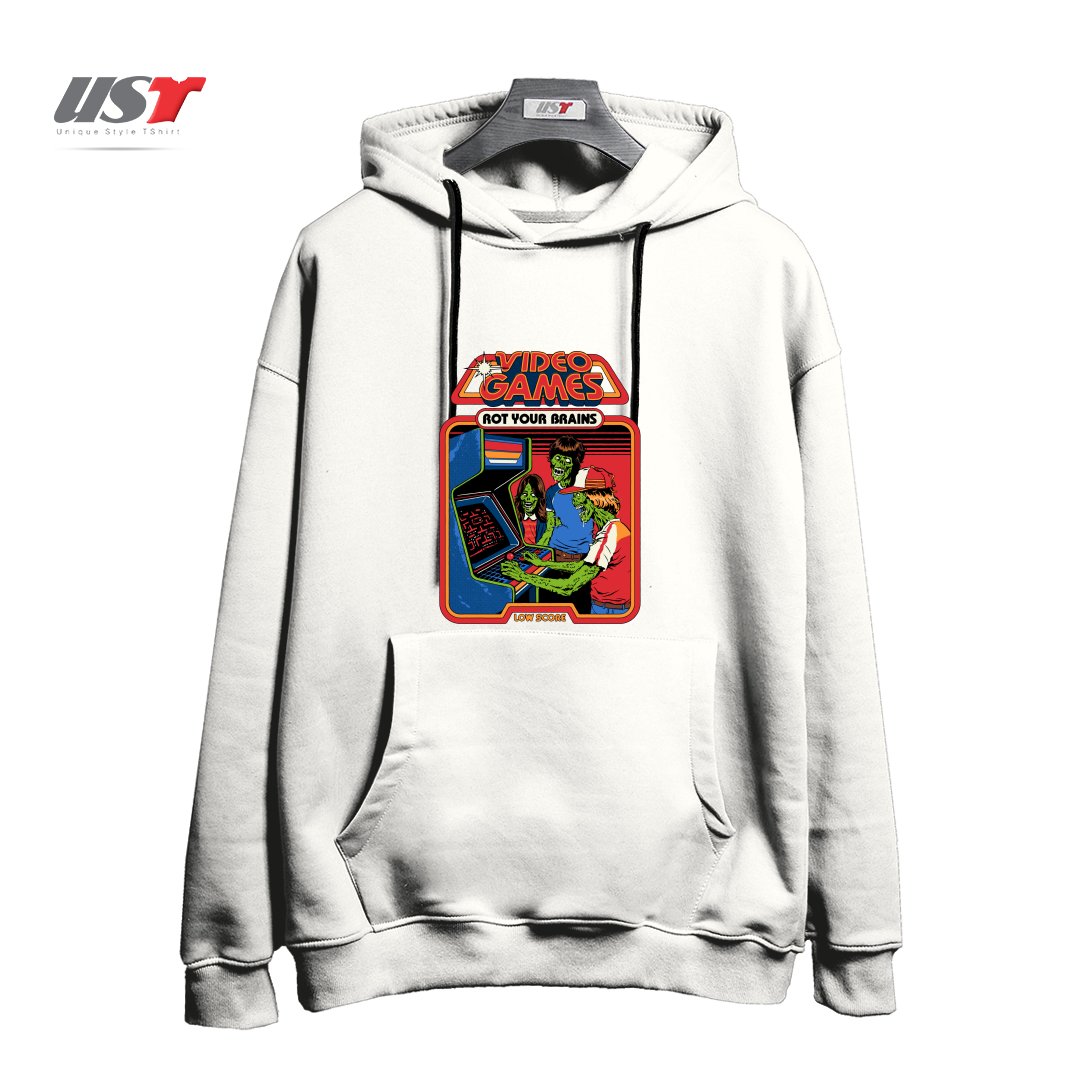 طرح VIDEO GAMES ROT YOUR BRAINS هودی اورسایزرنگ سفید