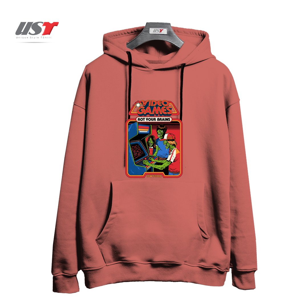 طرح VIDEO GAMES ROT YOUR BRAINS هودی اورسایزرنگ آجری