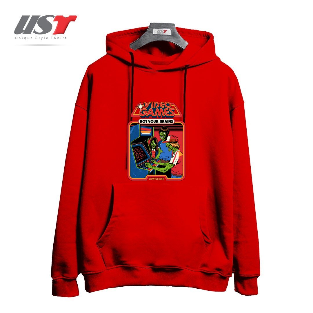طرح VIDEO GAMES ROT YOUR BRAINS هودی اورسایزرنگ قرمز