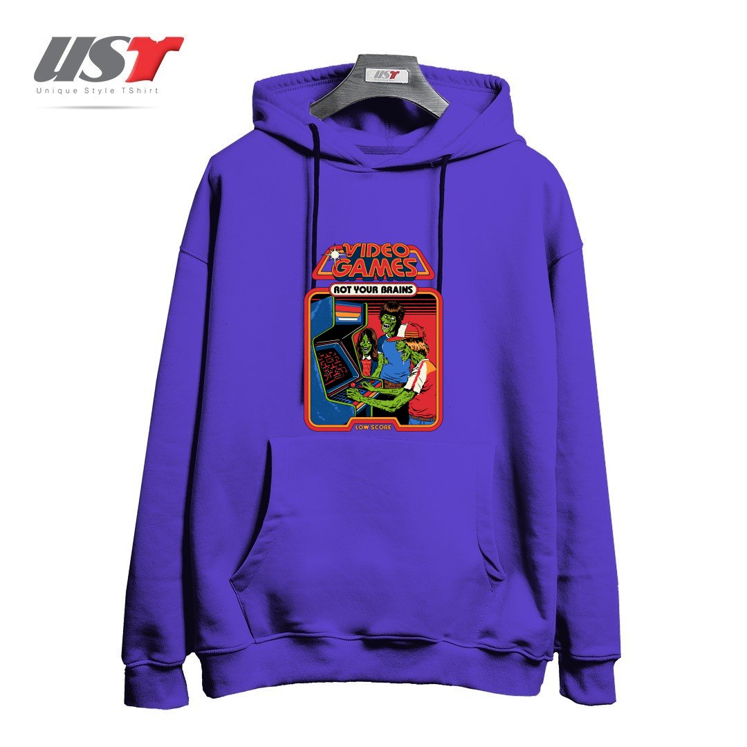 طرح VIDEO GAMES ROT YOUR BRAINS هودی اورسایزرنگ بنفش