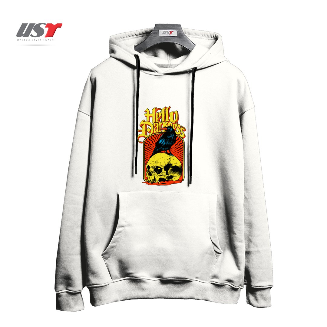 طرح HELLO DARKNESS هودی اورسایزرنگ سفید