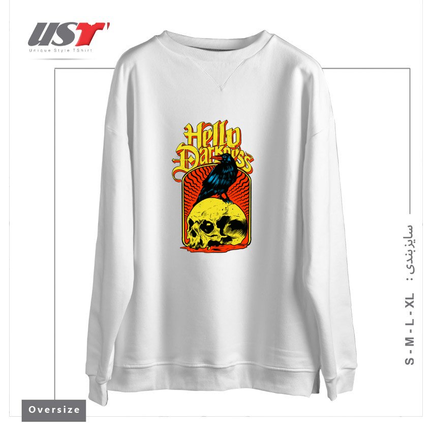 طرح HELLO DARKNESS سوییشرت اورسایزرنگ سفید