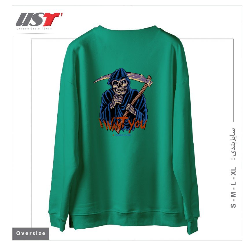 طرح I WANT YOU GAME OVER سوییشرت اورسایزرنگ سبز سدری