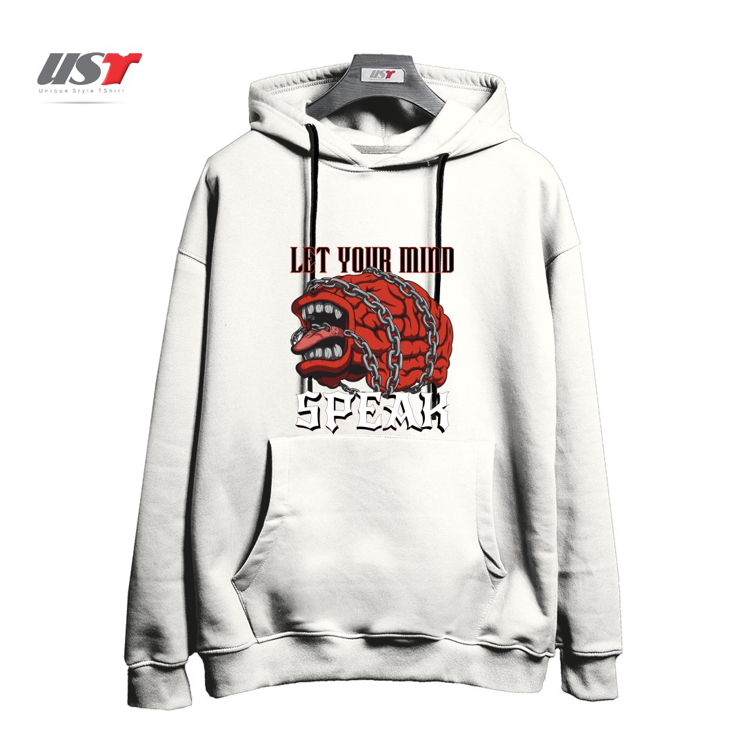 طرح LET YOUR MIND SPEAK هودی اورسایزرنگ سفید