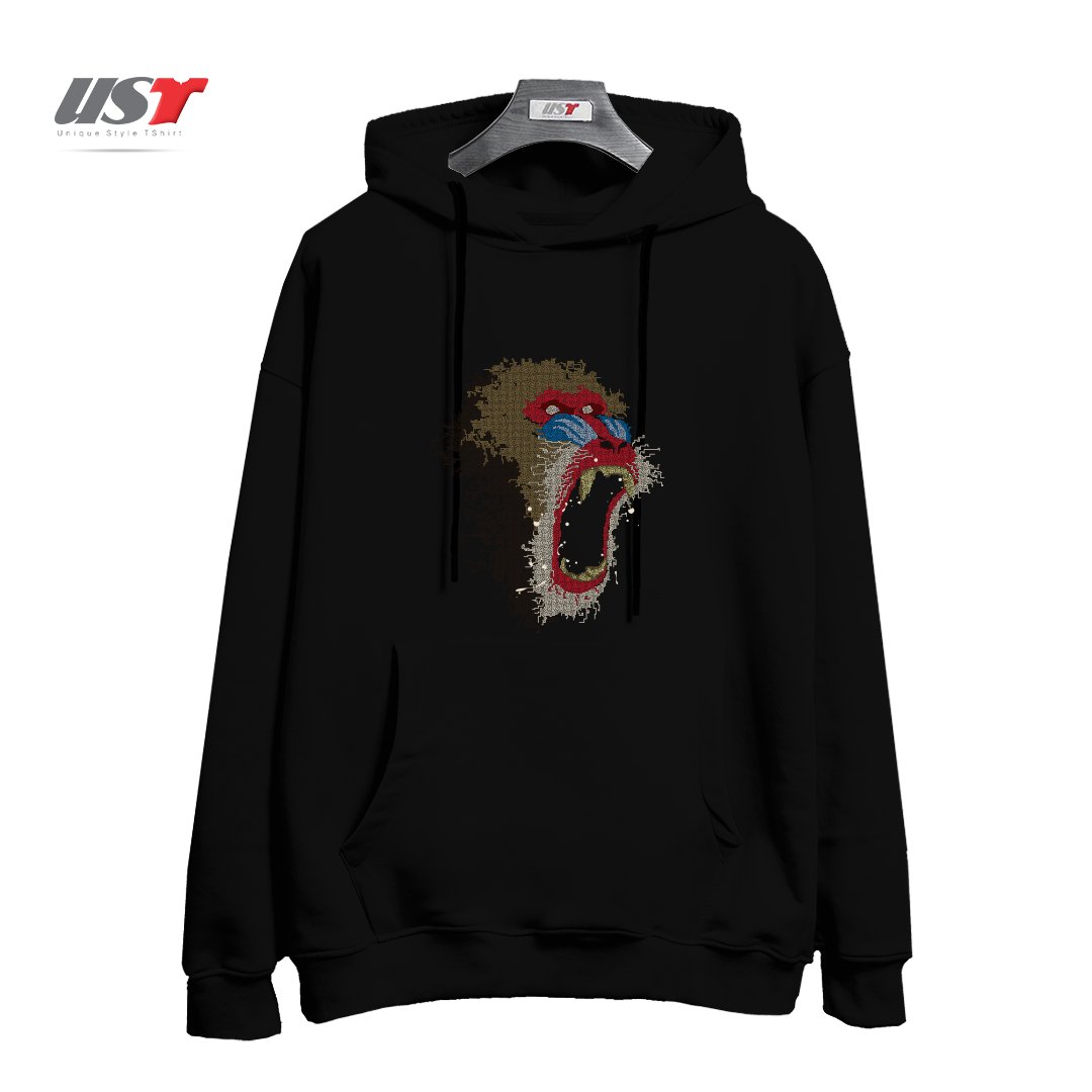 طرح MANDRILLUS SPHINX هودی اورسایزرنگ مشکی