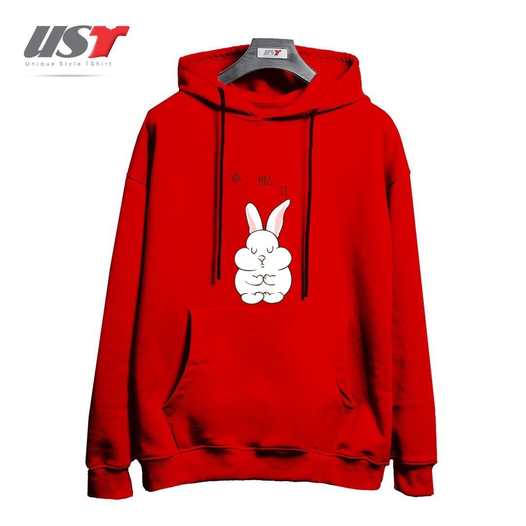 طرح NAMASTE RABBIT هودی اورسایزرنگ قرمز