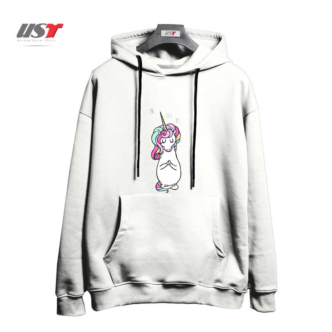 طرح NAMASTE UNICORN هودی اورسایزرنگ سفید