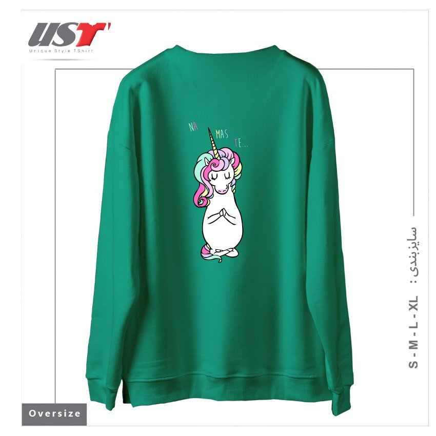 طرح NAMASTE UNICORN سوییشرت اورسایزرنگ سبز سدری