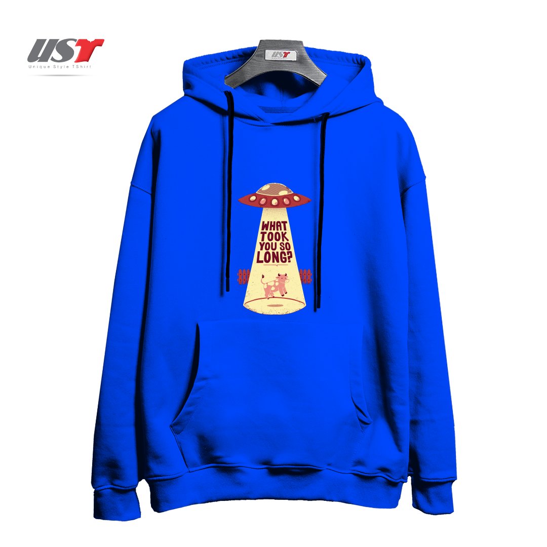 طرح WHY DID YOU TOOK SO LONG ALIEN FUNNY T-SHIRT هودی اورسایزرنگ آبی شالی