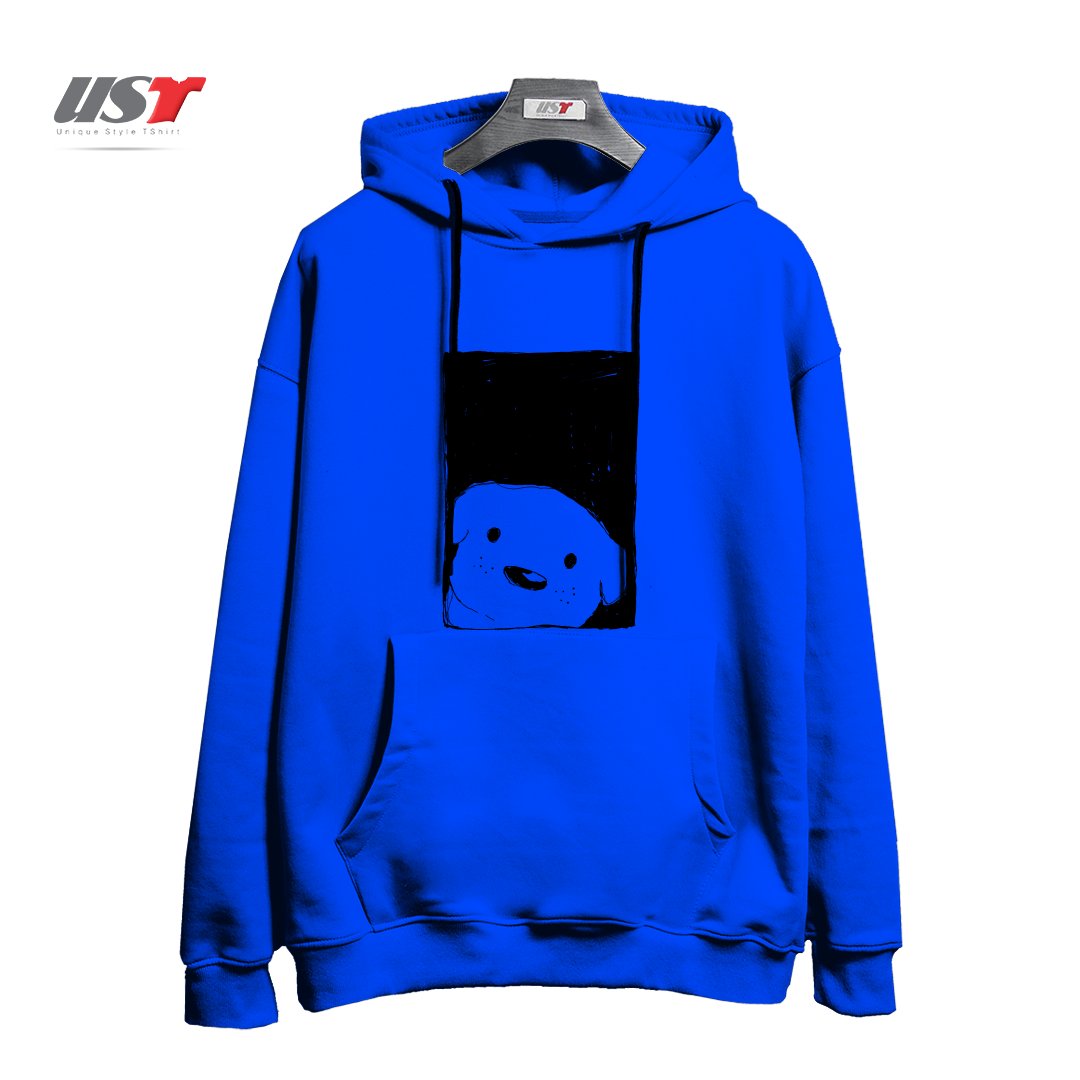 طرح DOG LOOKING OUT A WINDOW هودی اورسایزرنگ آبی شالی