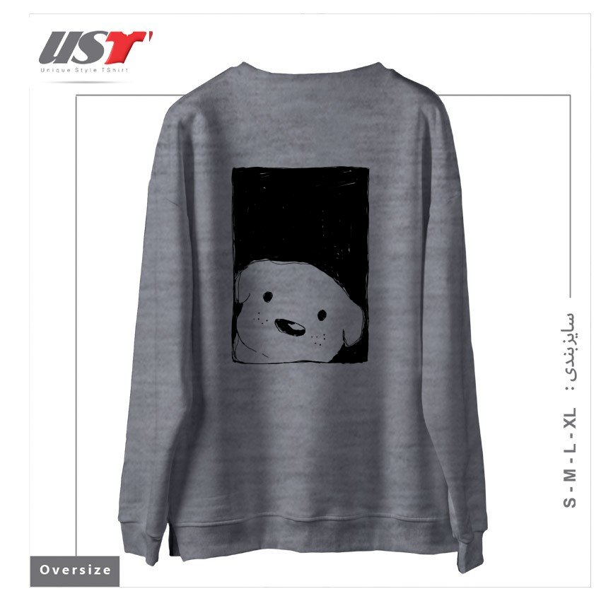 طرح DOG LOOKING OUT A WINDOW سوییشرت اورسایزرنگ طوسی ملانژ