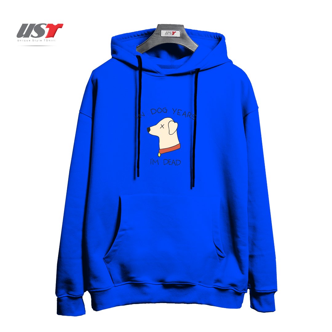طرح DOG YEARS هودی اورسایزرنگ آبی شالی
