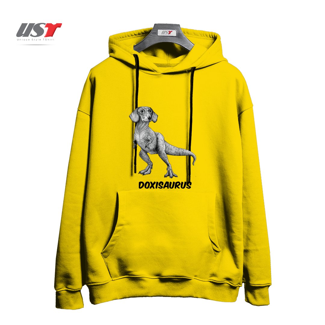 طرح DOXISAURUS  DACHSHUNDTYRANNOSAURUS REX HYBRID ANIMAL هودی اورسایزرنگ زرد