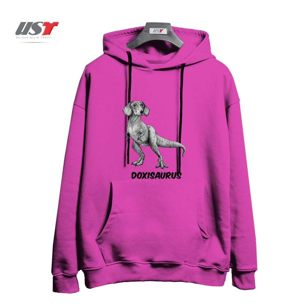 طرح DOXISAURUS  DACHSHUNDTYRANNOSAURUS REX HYBRID ANIMAL هودی اورسایزرنگ صورتی