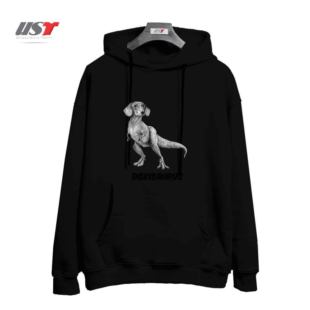 طرح DOXISAURUS  DACHSHUNDTYRANNOSAURUS REX HYBRID ANIMAL هودی اورسایزرنگ مشکی