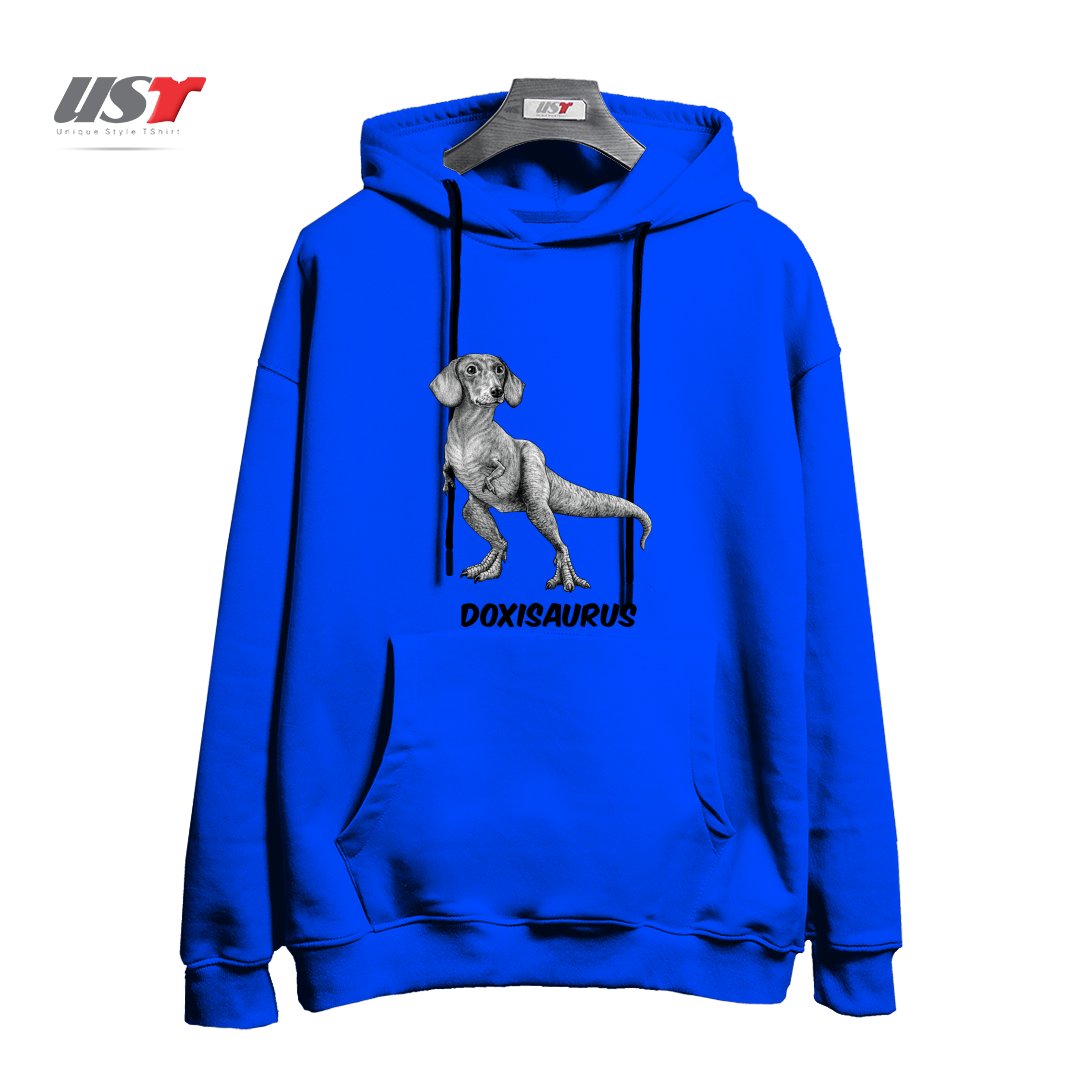 طرح DOXISAURUS  DACHSHUNDTYRANNOSAURUS REX HYBRID ANIMAL هودی اورسایزرنگ آبی شالی