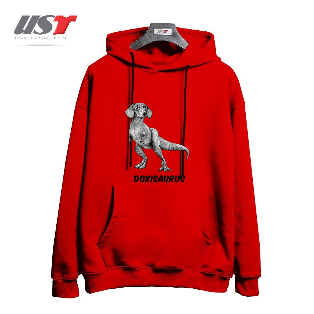 طرح DOXISAURUS  DACHSHUNDTYRANNOSAURUS REX HYBRID ANIMAL هودی اورسایزرنگ قرمز