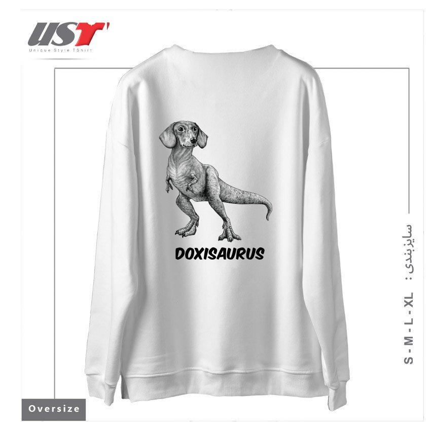 طرح DOXISAURUS  DACHSHUNDTYRANNOSAURUS REX HYBRID ANIMAL سوییشرت اورسایزرنگ سفید