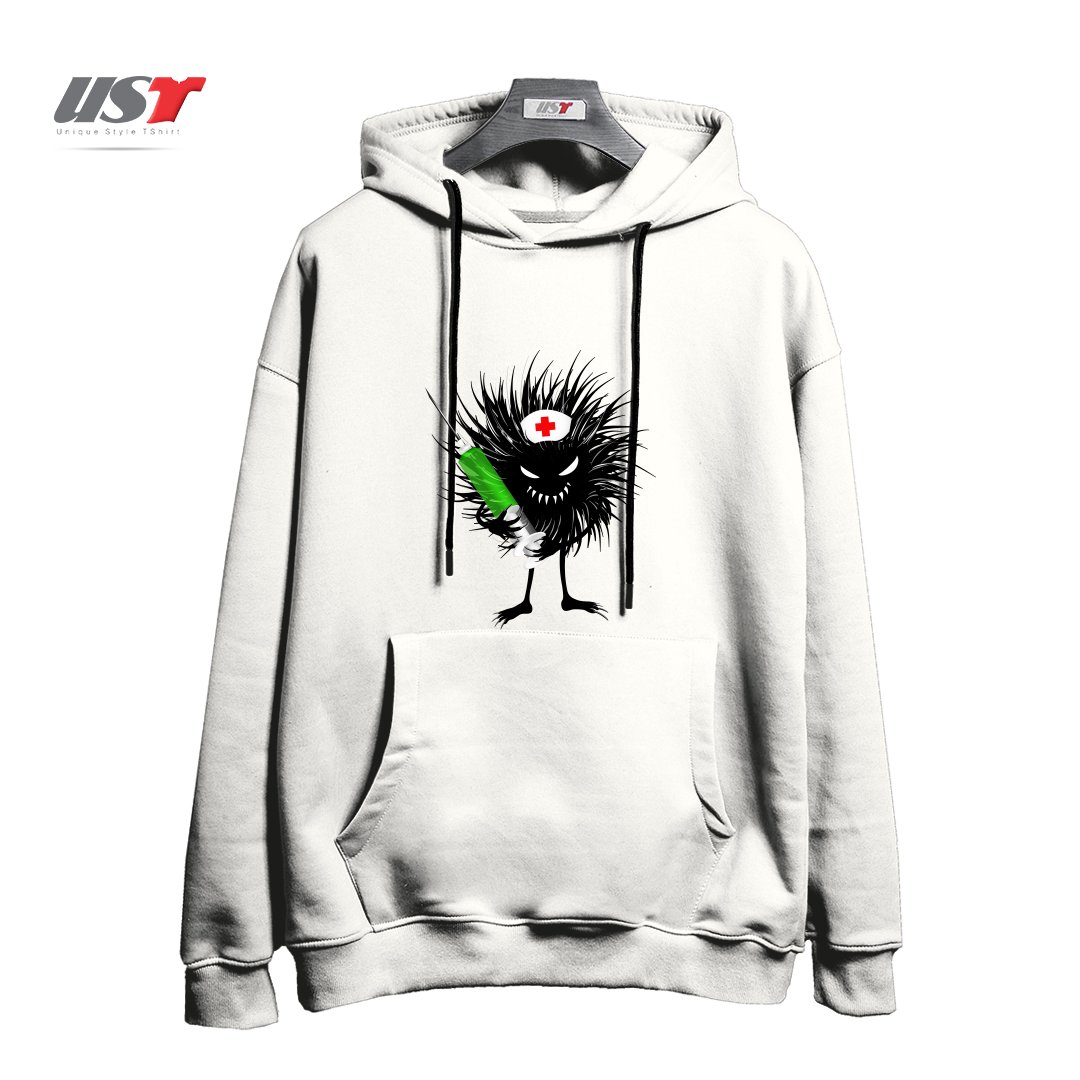 طرح FUNNY EVIL BUG NURSE WITH SYRINGE هودی اورسایزرنگ سفید