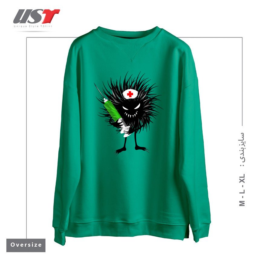 طرح FUNNY EVIL BUG NURSE WITH SYRINGE سوییشرت اورسایزرنگ سبز سدری