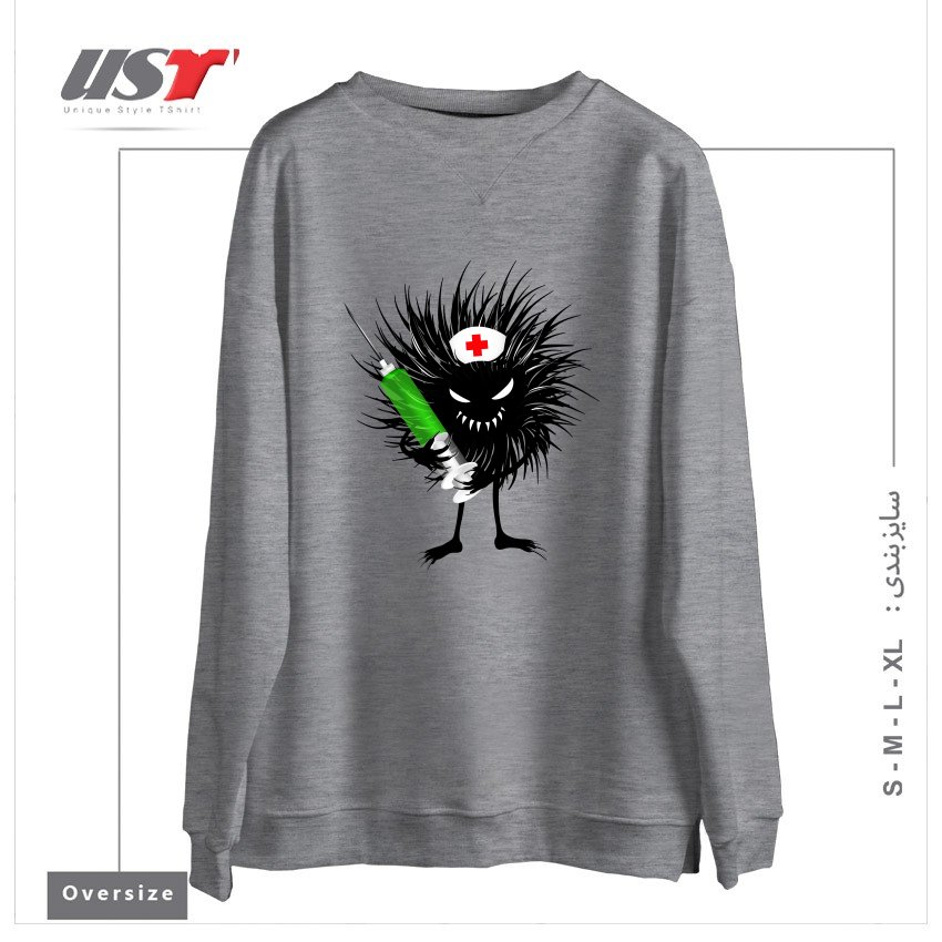 طرح FUNNY EVIL BUG NURSE WITH SYRINGE سوییشرت اورسایزرنگ طوسی ملانژ