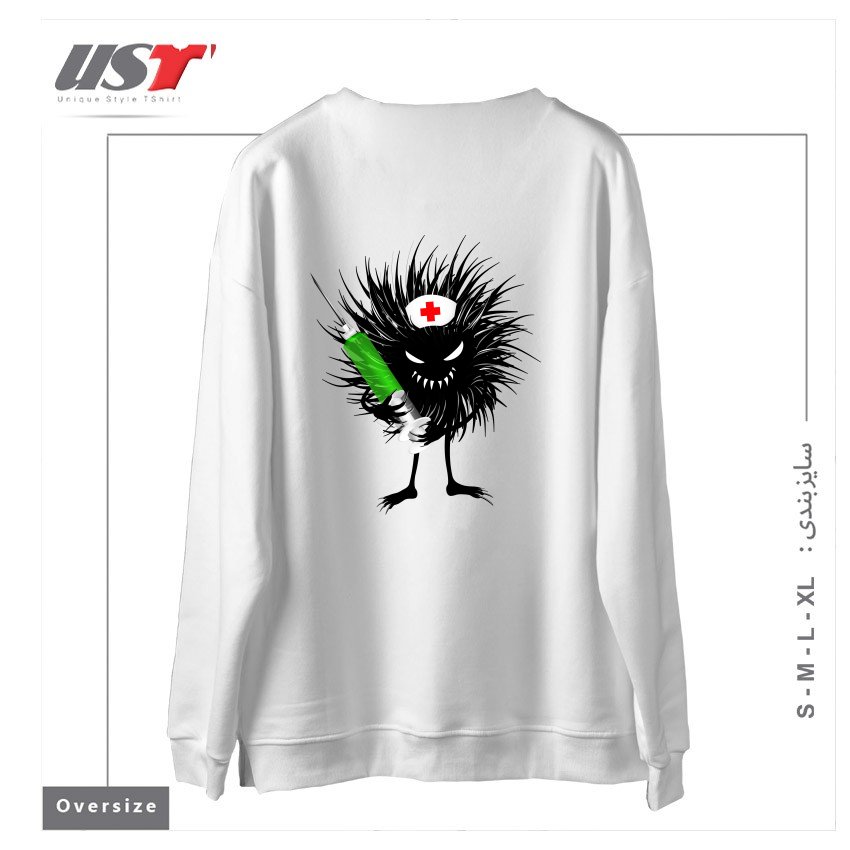 طرح FUNNY EVIL BUG NURSE WITH SYRINGE سوییشرت اورسایزرنگ سفید