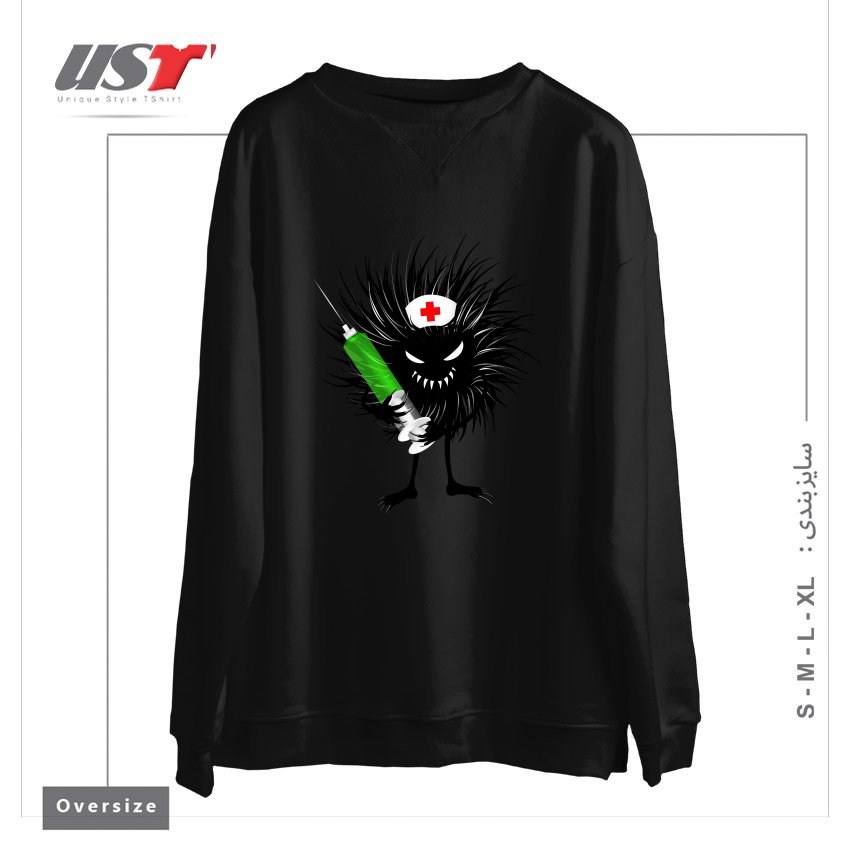 طرح FUNNY EVIL BUG NURSE WITH SYRINGE سوییشرت اورسایزرنگ مشکی