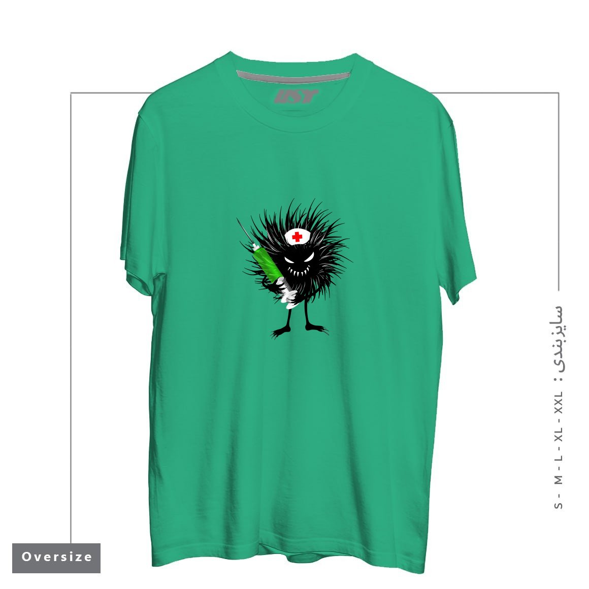 طرح FUNNY EVIL BUG NURSE WITH SYRINGE تیشرت اورسایزرنگ سبز
