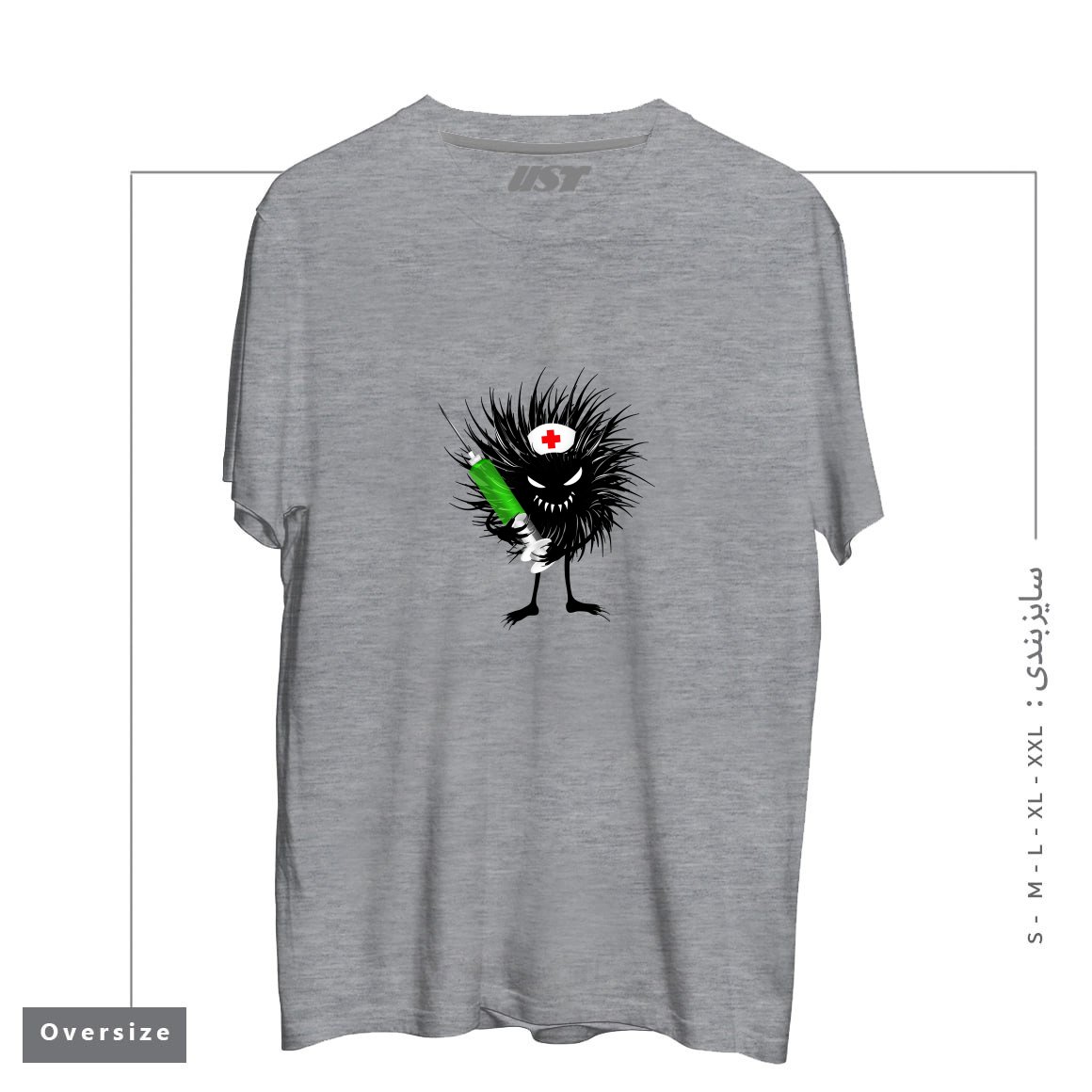 طرح FUNNY EVIL BUG NURSE WITH SYRINGE تیشرت اورسایزرنگ طوسی ملانژ