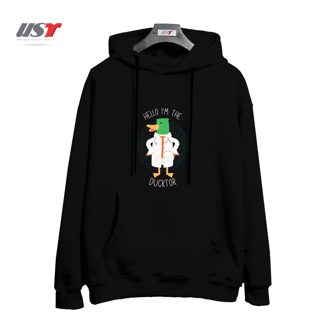 طرح HELLO I'M THE DUCKTOR (DUCK DOCTOR) هودی اورسایزرنگ مشکی