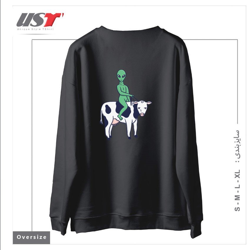 طرح ALIEN RIDING A COW سوییشرت اورسایزرنگ دودی