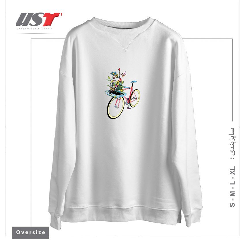 طرح BIKE AND FLOWERS سوییشرت اورسایزرنگ سفید