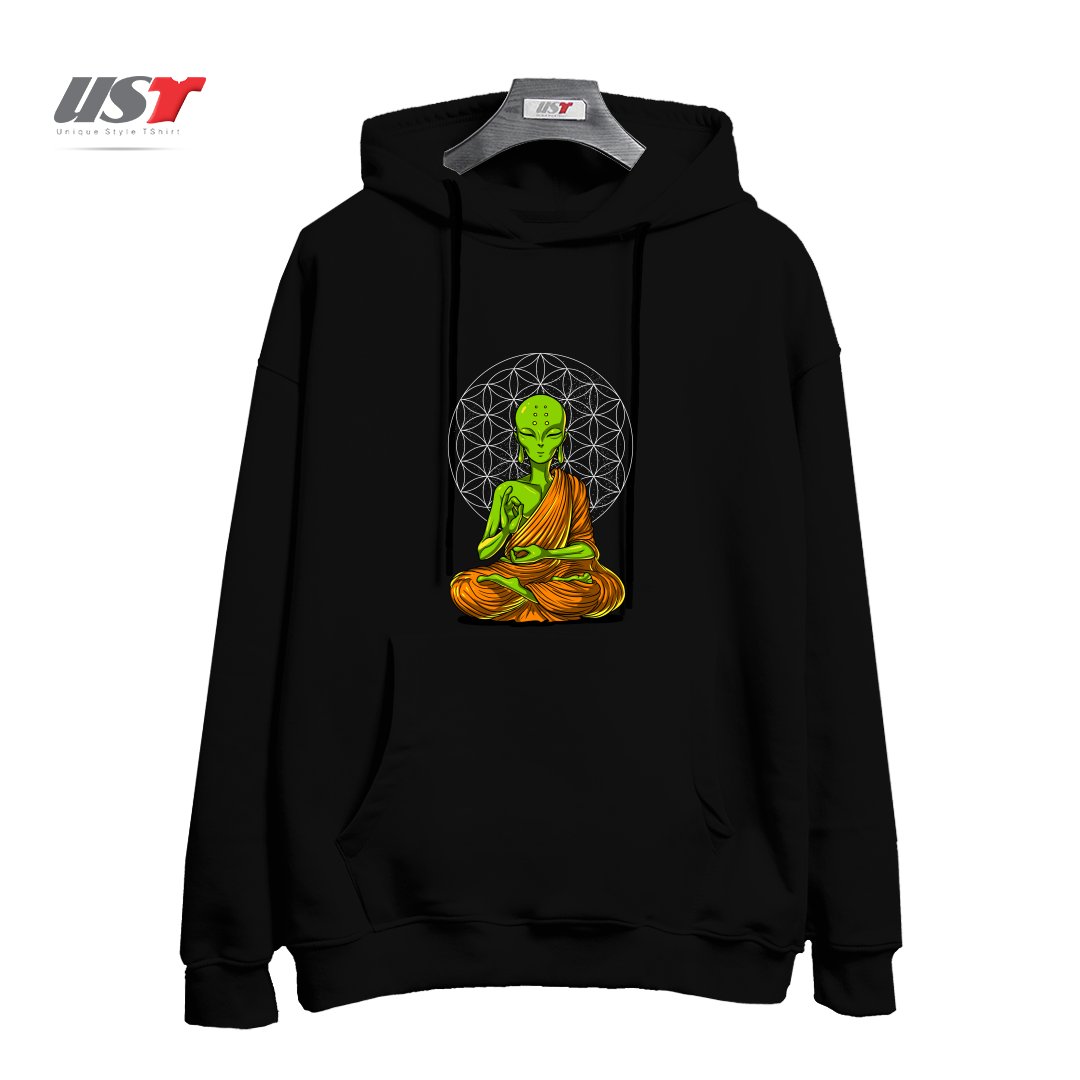 طرح SPACE ALIEN BUDDHA هودی اورسایزرنگ مشکی