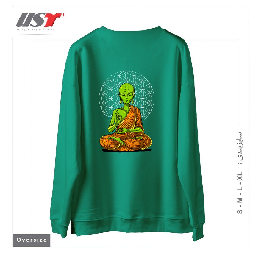 طرح SPACE ALIEN BUDDHA سوییشرت اورسایزرنگ سبز سدری