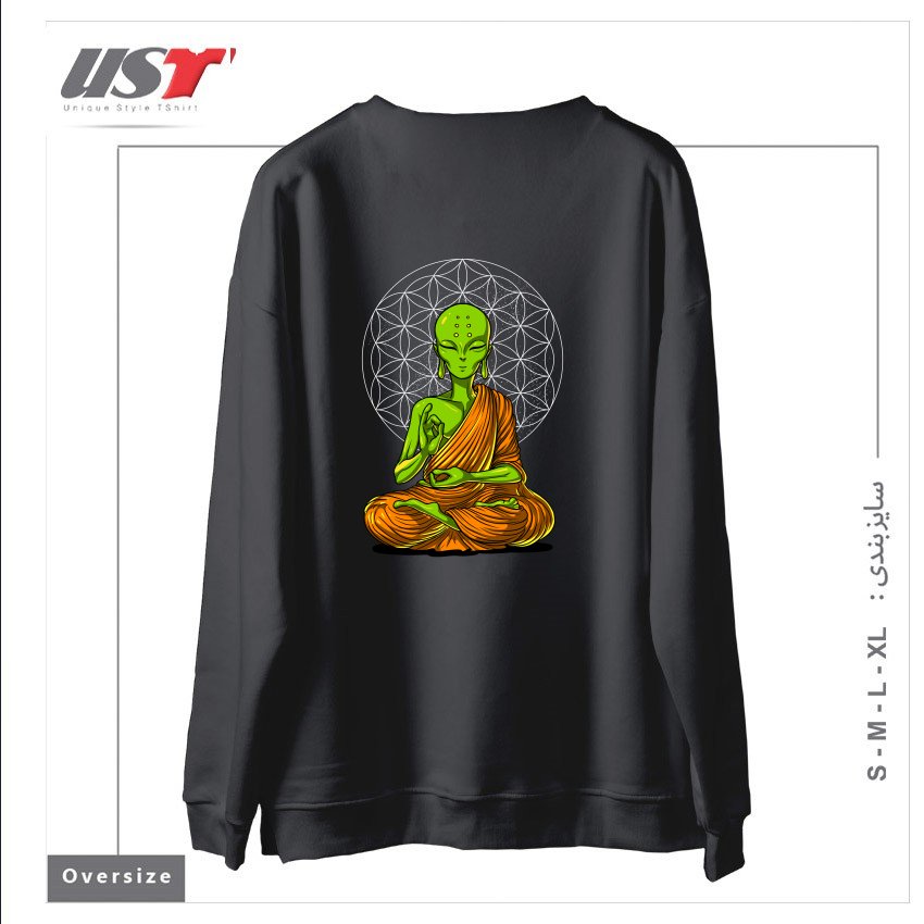 طرح SPACE ALIEN BUDDHA سوییشرت اورسایزرنگ دودی