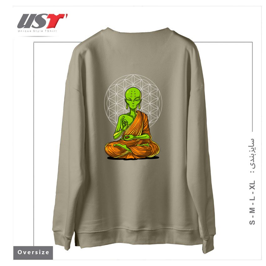 طرح SPACE ALIEN BUDDHA سوییشرت اورسایزرنگ نخودی