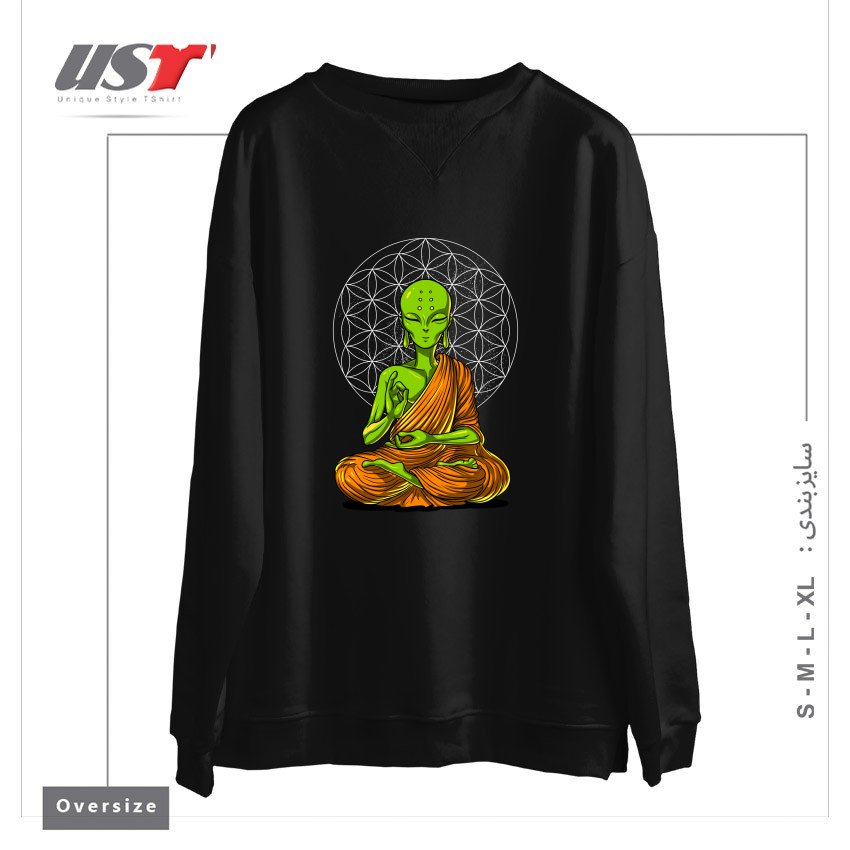 طرح SPACE ALIEN BUDDHA سوییشرت اورسایزرنگ مشکی